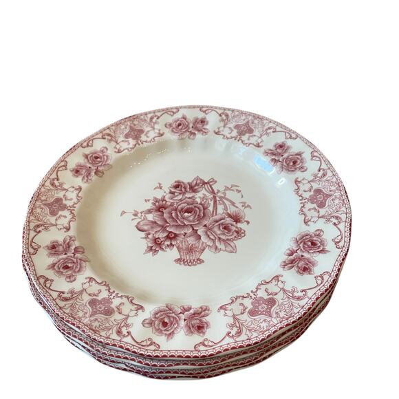 4pc Palate & Plate Victorian RED Rose Floral 10.5" Dinner Plates Scalloped New - Picture 11 of 14